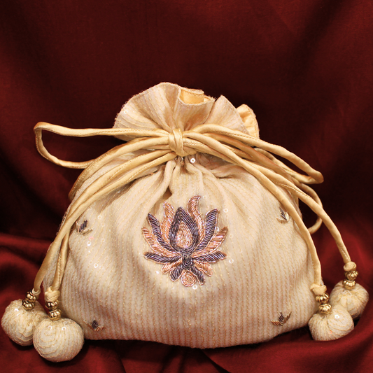 Cream Sequined Georgette hand embroidered Potli bag