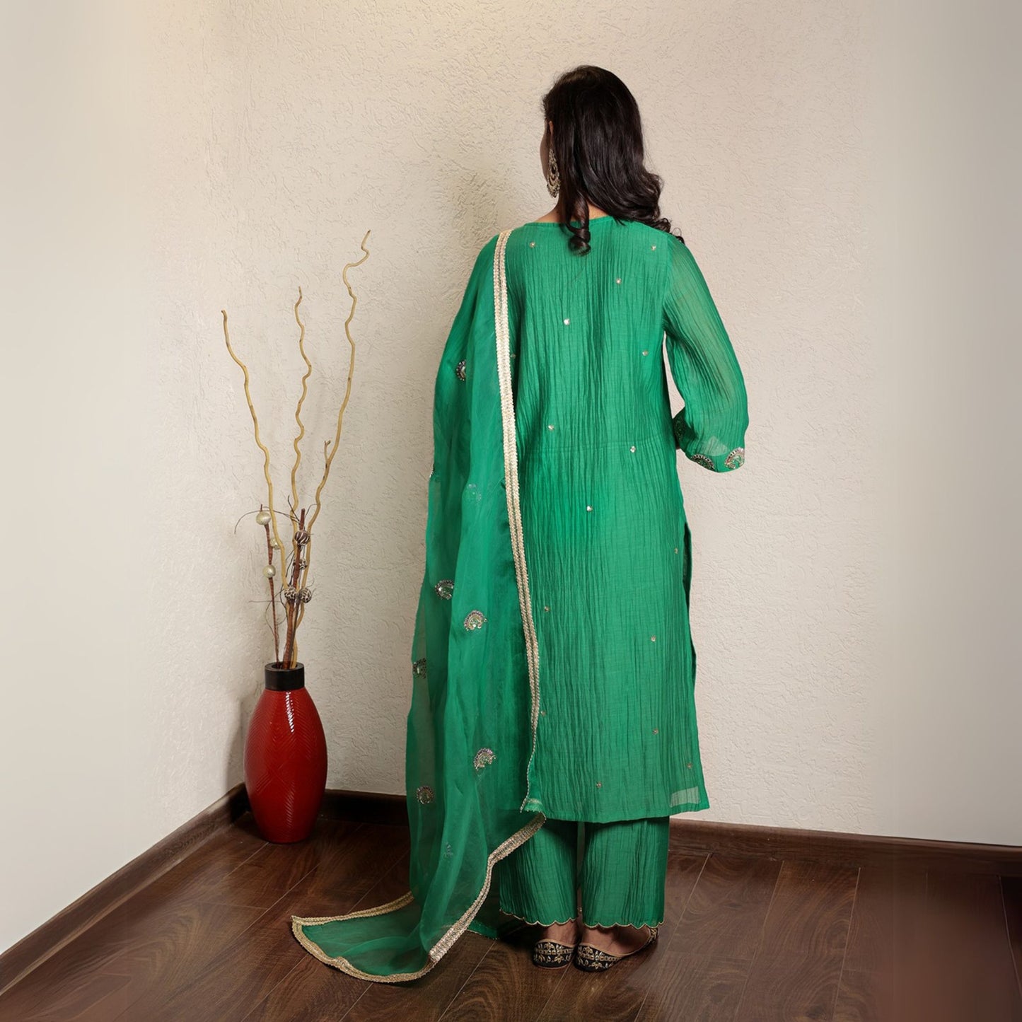 Green chanderi hand embroidered kurta set with dupatta