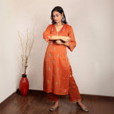 Orange chanderi hand embroidered kurta set with dupatta