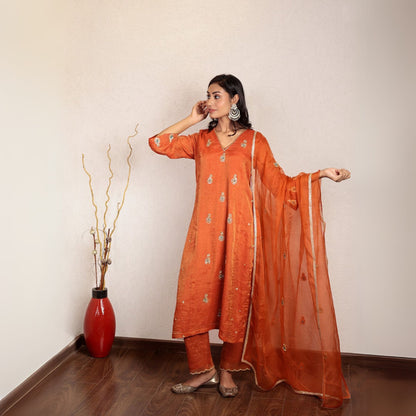 Orange chanderi hand embroidered kurta set with dupatta