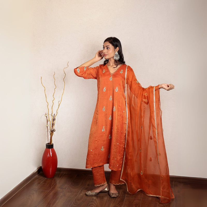 Orange chanderi hand embroidered kurta set with dupatta