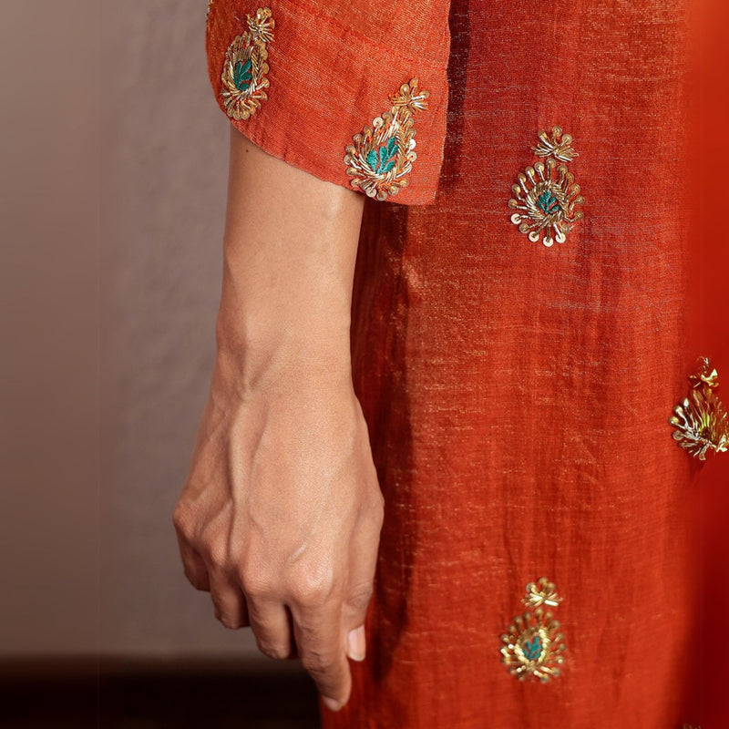 Orange tissue chanderi hand embroidered kurta set