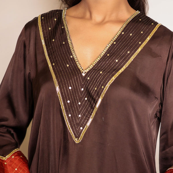 Brown hand embroidered kurta with zari detailing