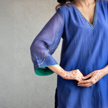 Blue Chanderi Sharara Set with Hand embroidered Moitfs