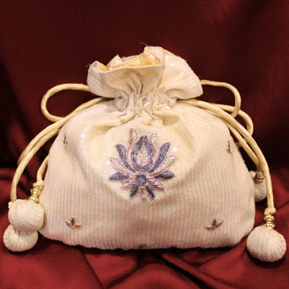 Cream Sequined Georgette hand embroidered Potli bag