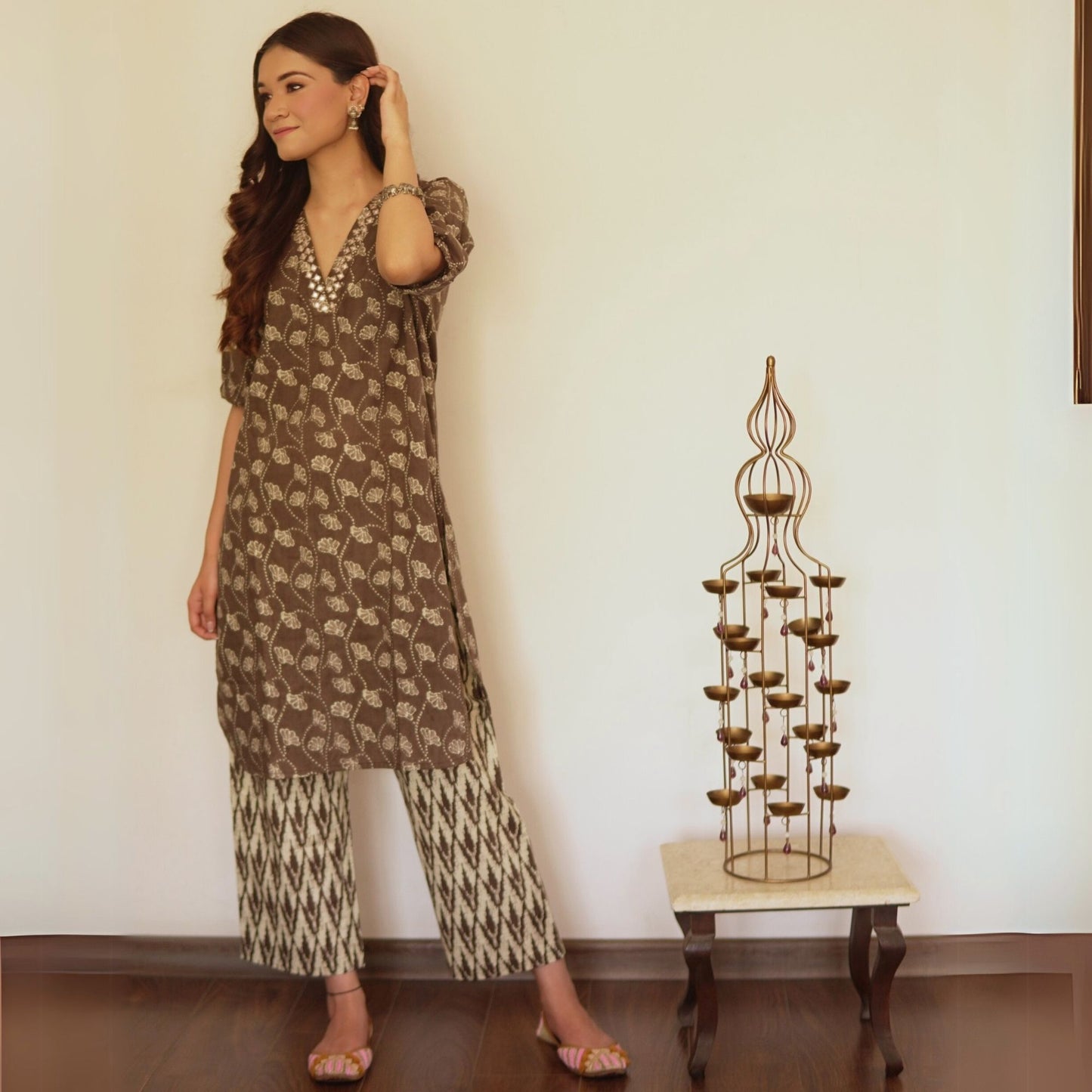 Brown Floral Kurta Set