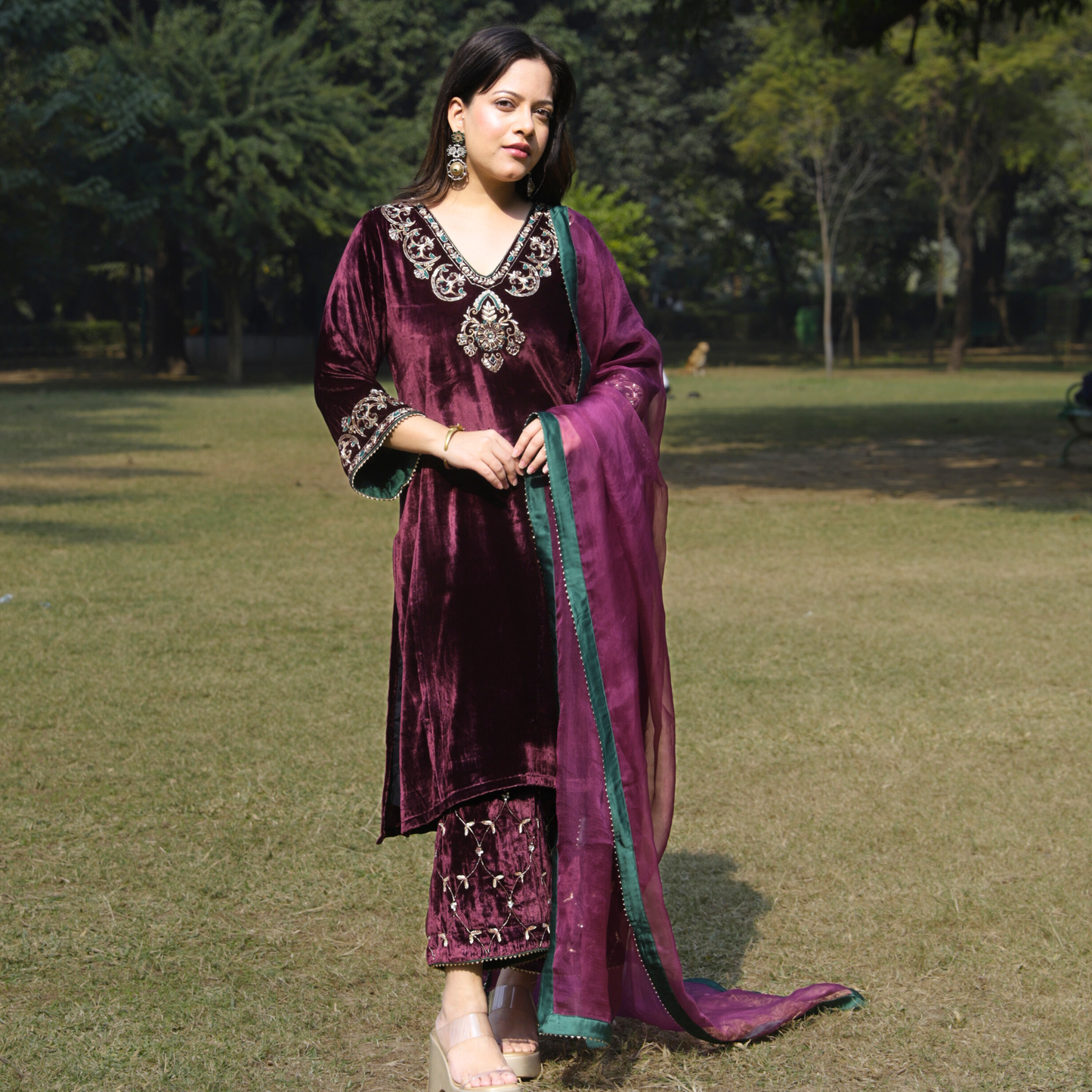 Wine Velvet Hand embroidered kurta set with dupatta