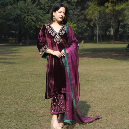 Wine Velvet Hand embroidered kurta set with dupatta