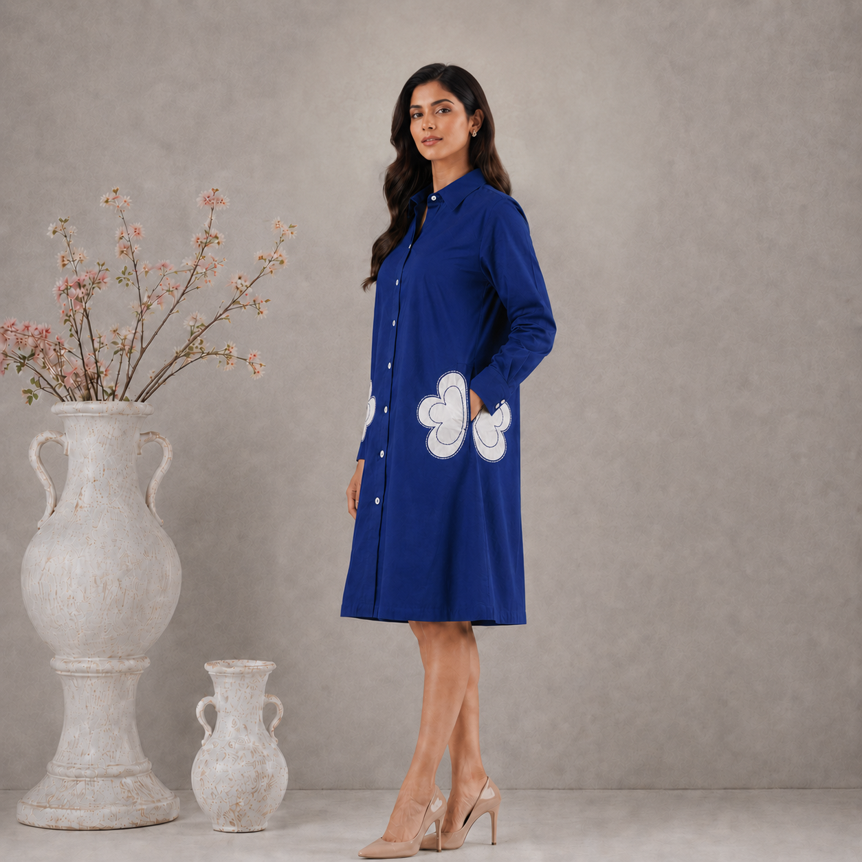 Royal Blue Shirt Dress with Floral Applique - Detail View - Spring Soul