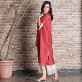 brick red chanderi A-line embroidered kurta set with dupatta