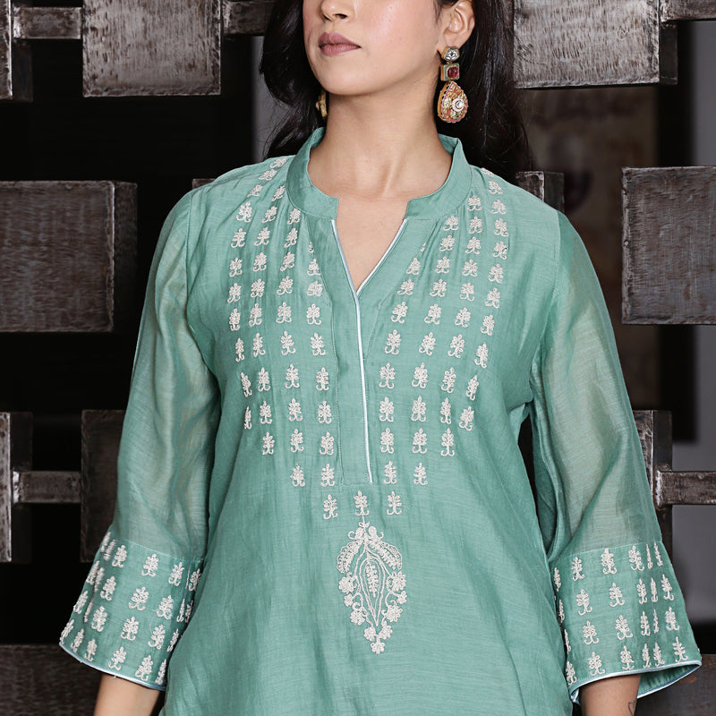 jade  chanderi A-line embroidered kurta set with dupatta