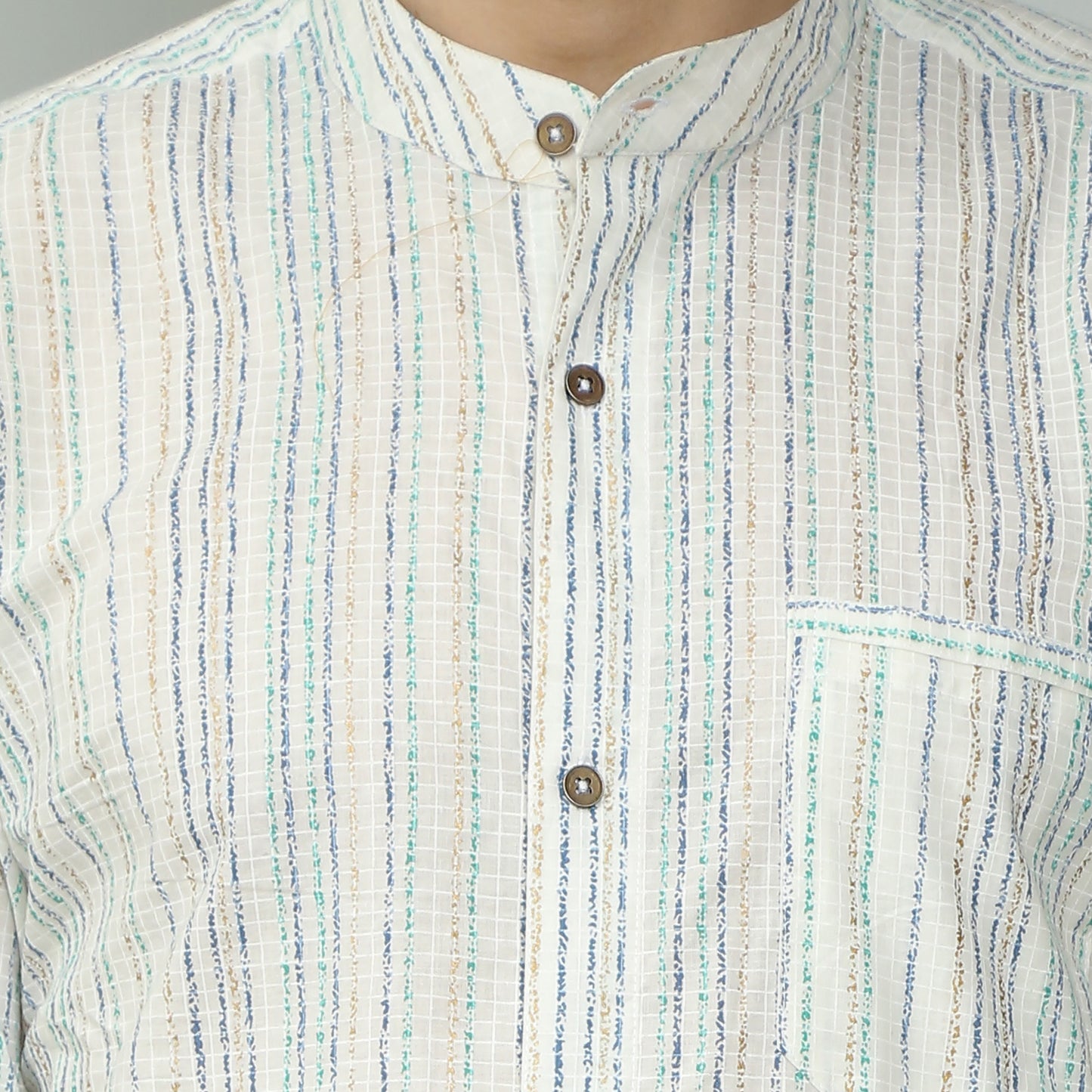 white Cotton printed full sleeves band collar shirt