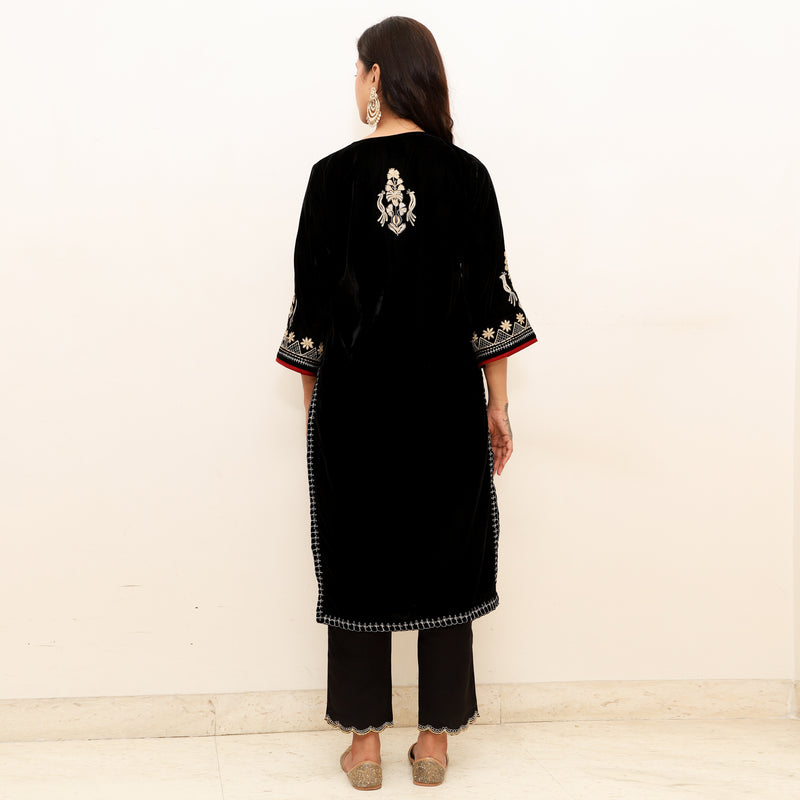 Black Embroidered Velvet Kurta Set with Mashru Silk Pants