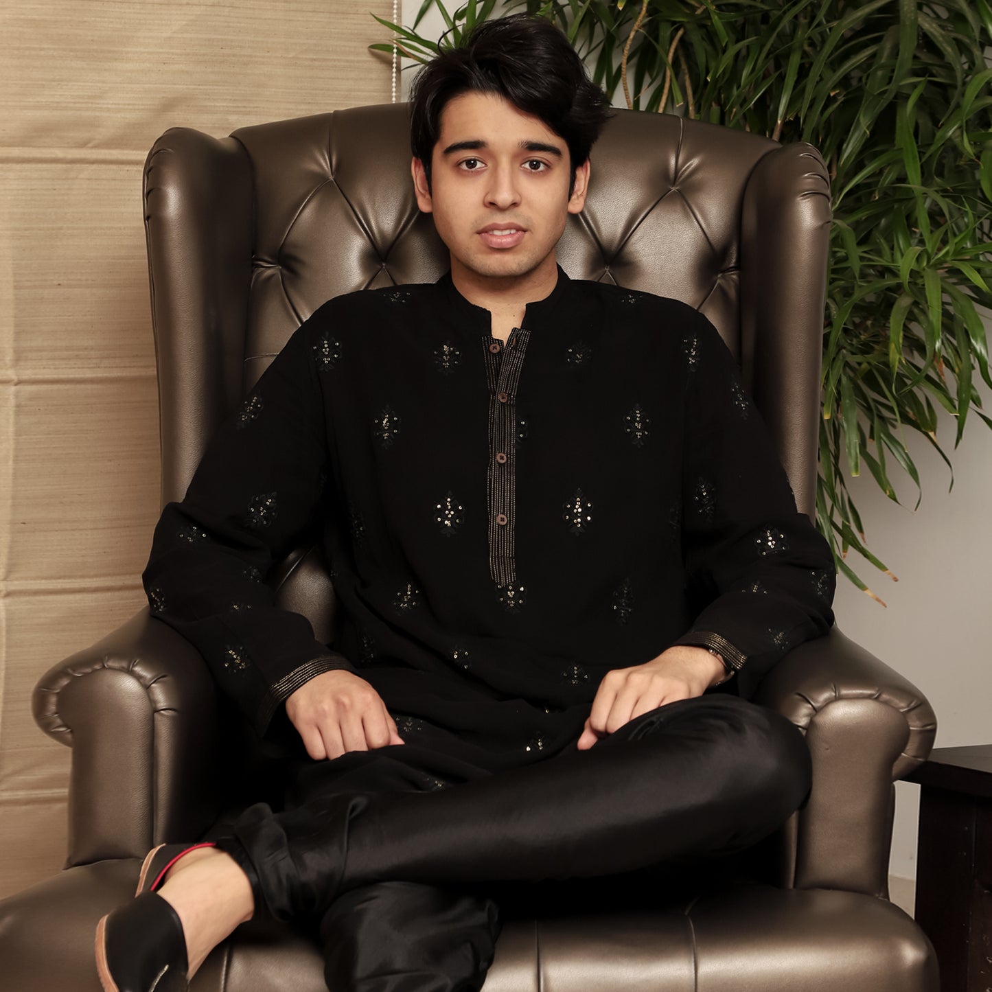 black men's band collar georgette kurta