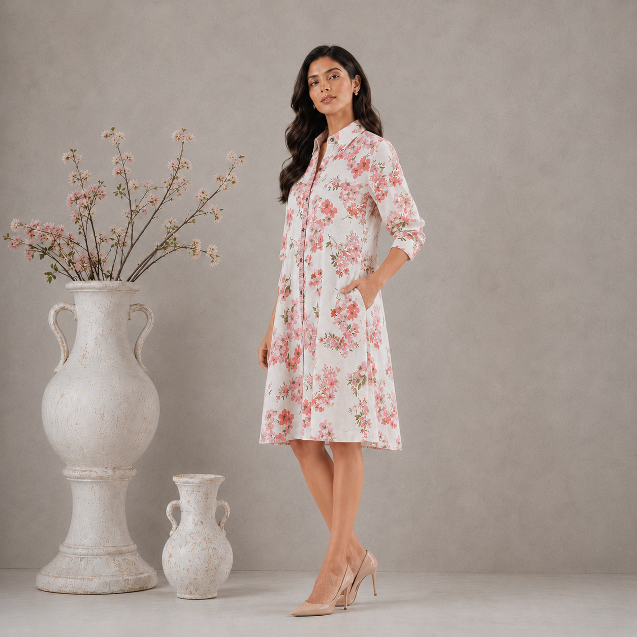 Pink Flax Printed Shirt dress with Pockets