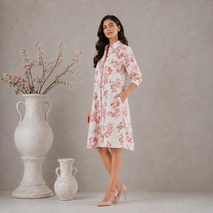Pink Flax Printed Shirt dress with Pockets