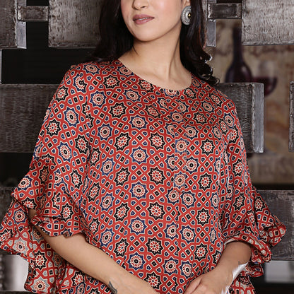 Maroon modal silk dress with frilled sleeves