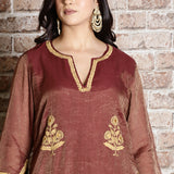 brown chanderi embroidered kurta set