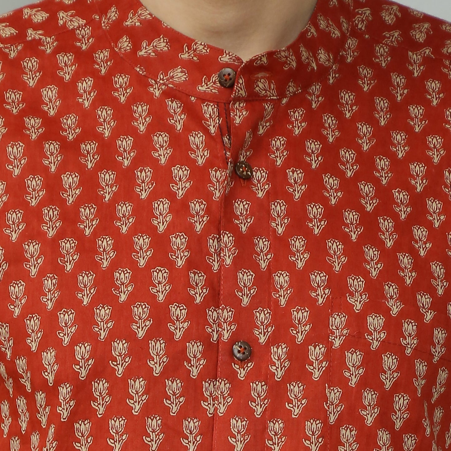 maroon Cotton printed half sleeves band collar shirt