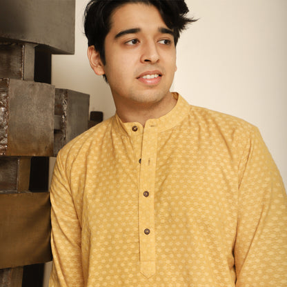mustard men's printed band collar cotton blend kurta