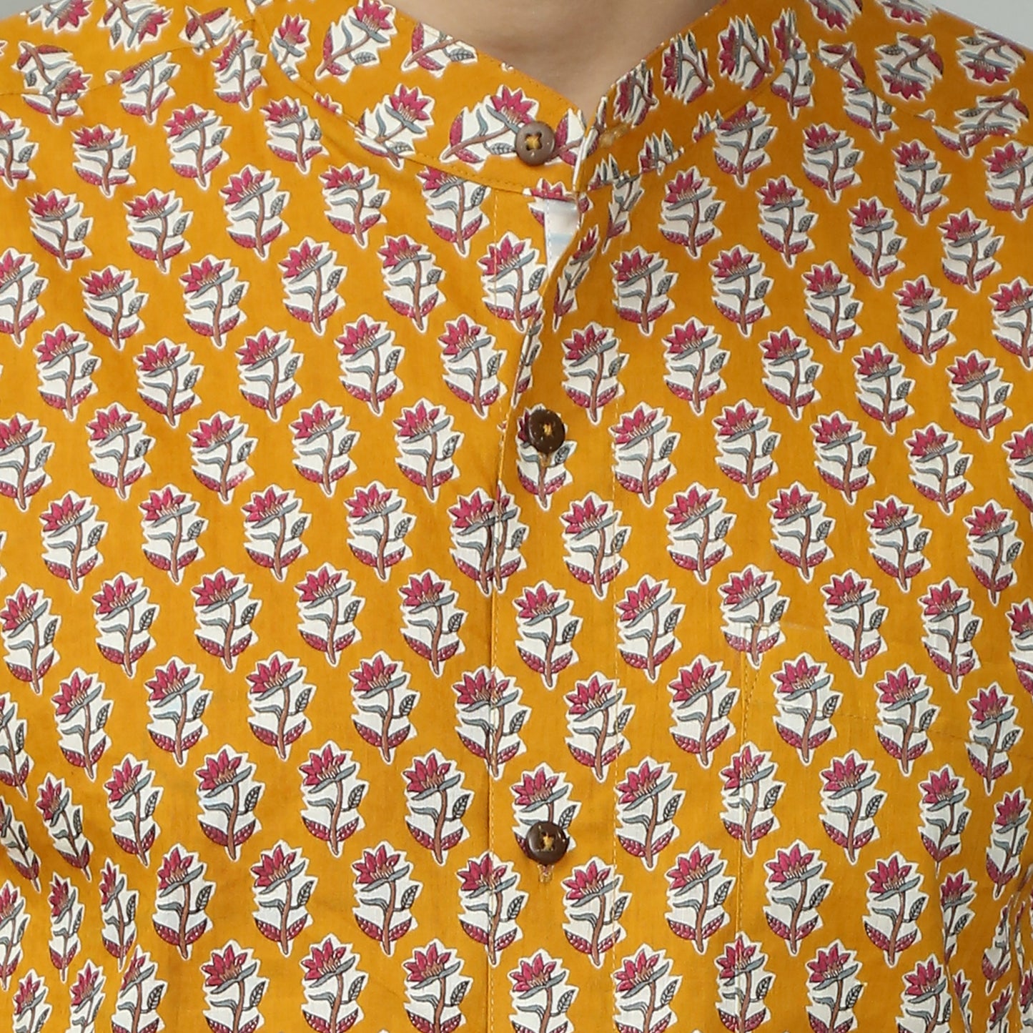 mustard Cotton printed full sleeves band collar shirt