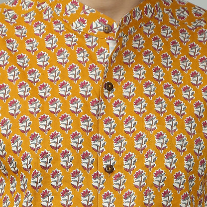 mustard Cotton printed full sleeves band collar shirt