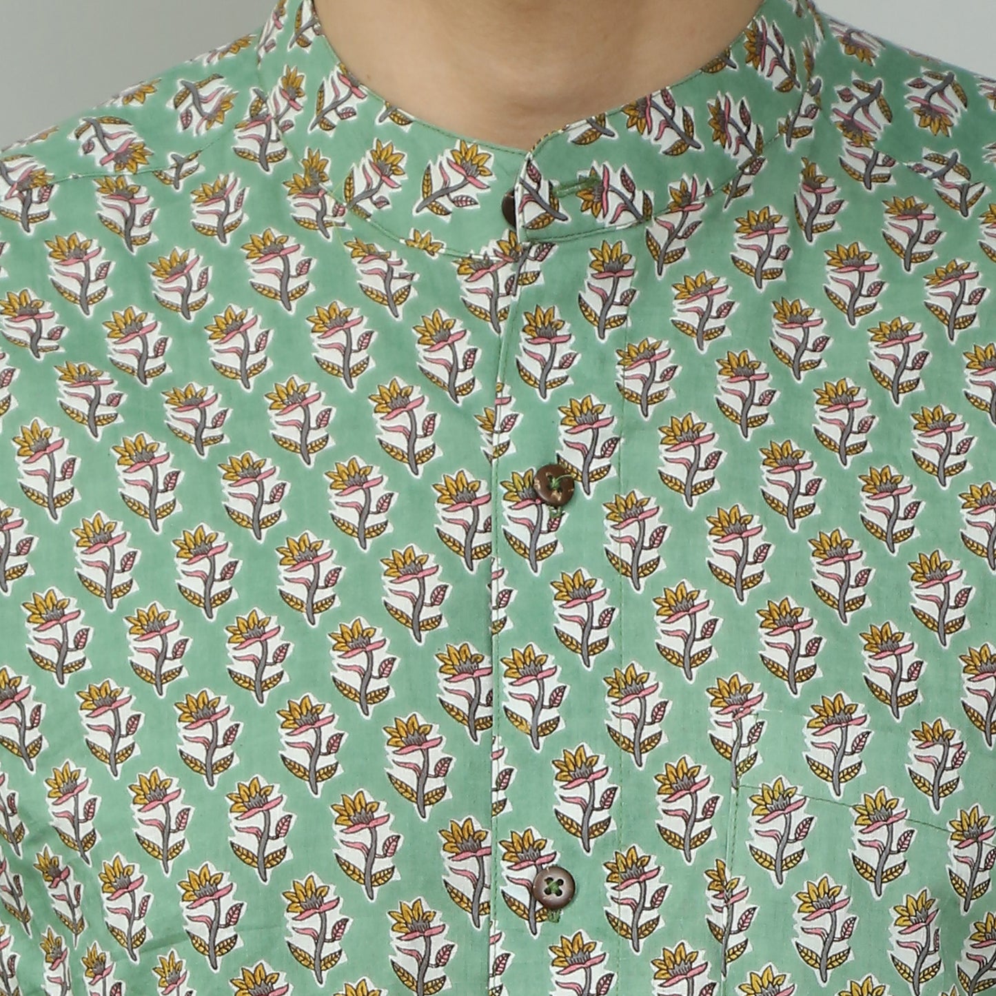 green Cotton printed full sleeves band collar shirt