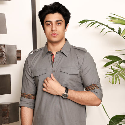 grey men's shirt collar cotton blend kurta