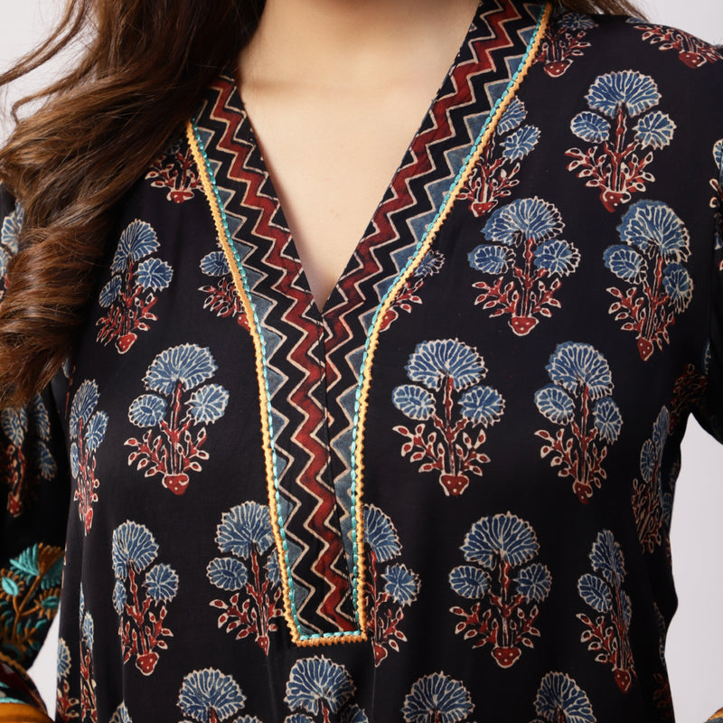 Modal Silk Ajrakh kurta with applique & embroidery