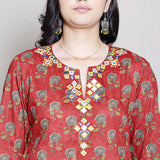 Block printed red embroidered kurta set with dhoti pants