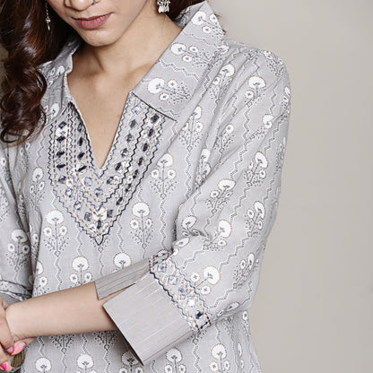 Block printed grey co-ord set with neck embroidery