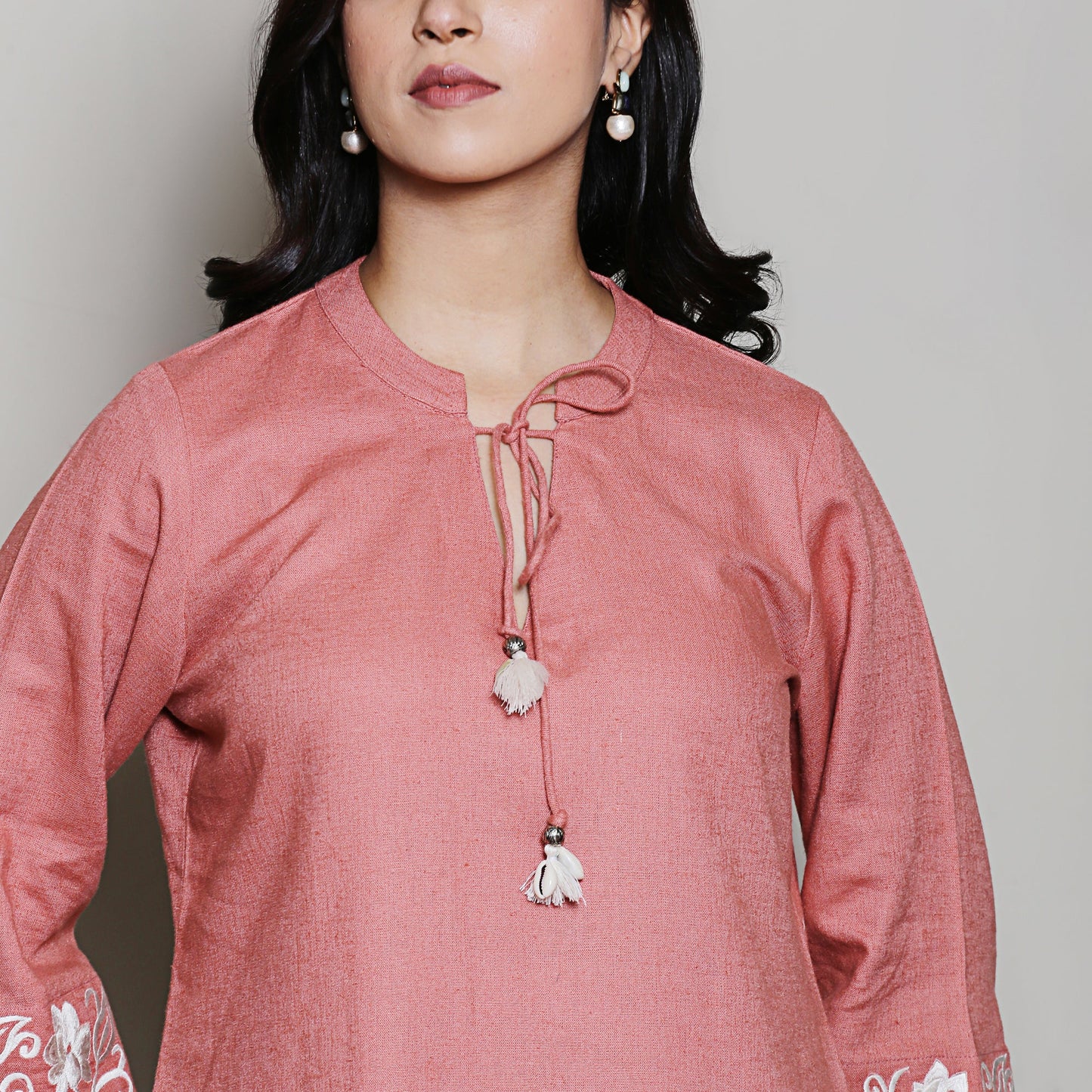 Peach co-ord set with sleeves embroidery