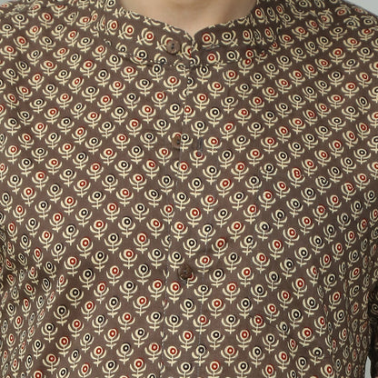 brown Cotton printed full sleeves band collar shirt
