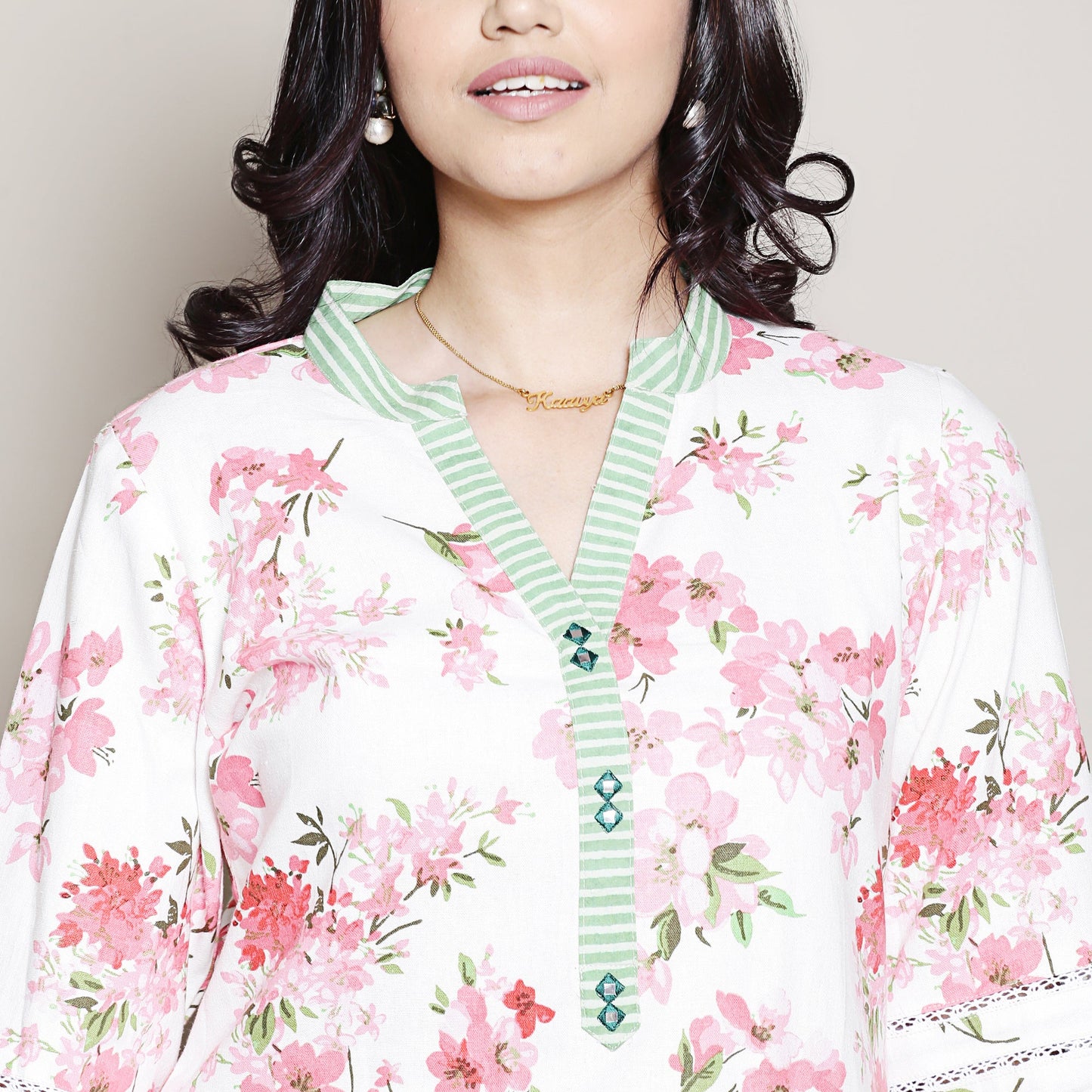 Floral printed white co-ord set with neck detailing