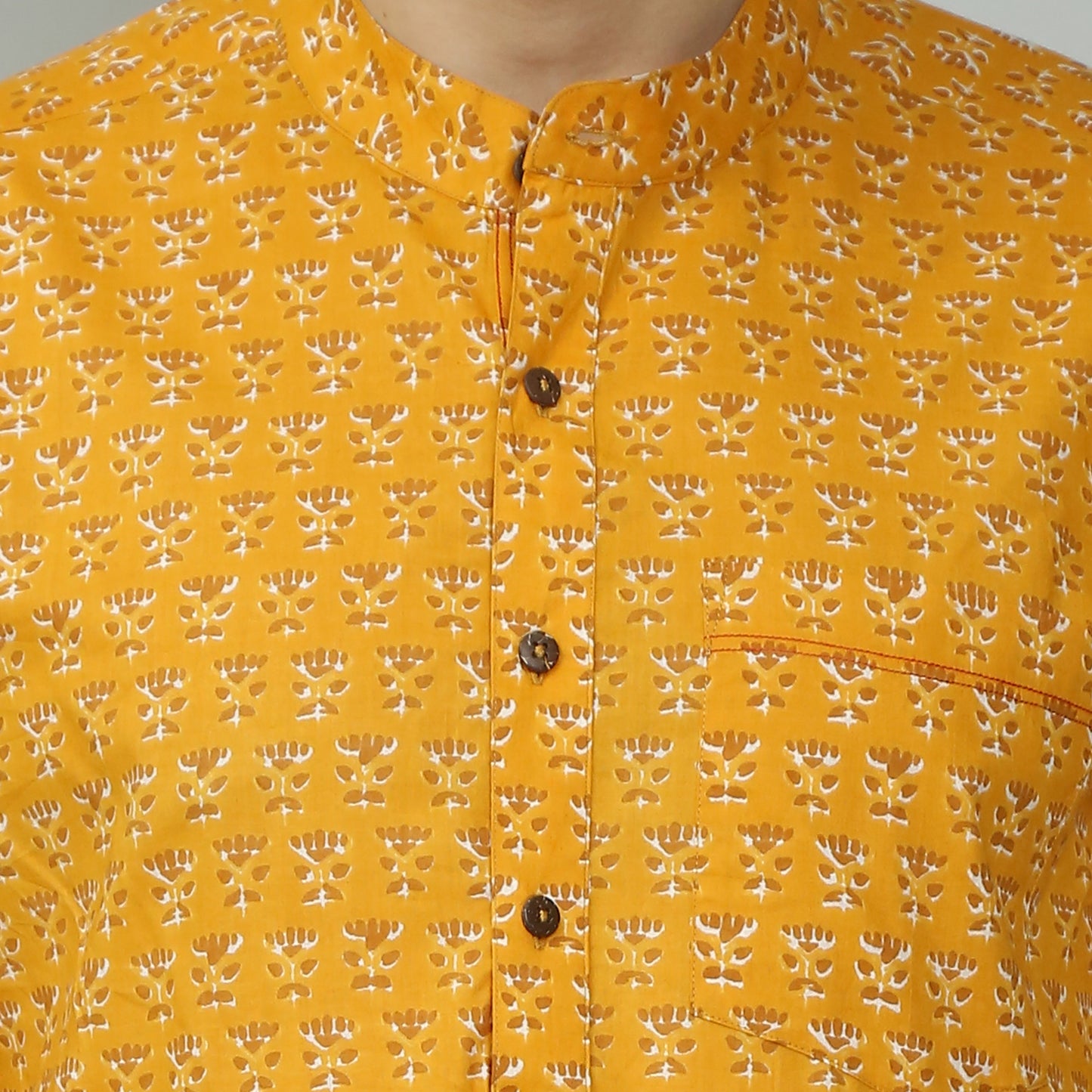 mustard Cotton printed full sleeves kurta style shirt