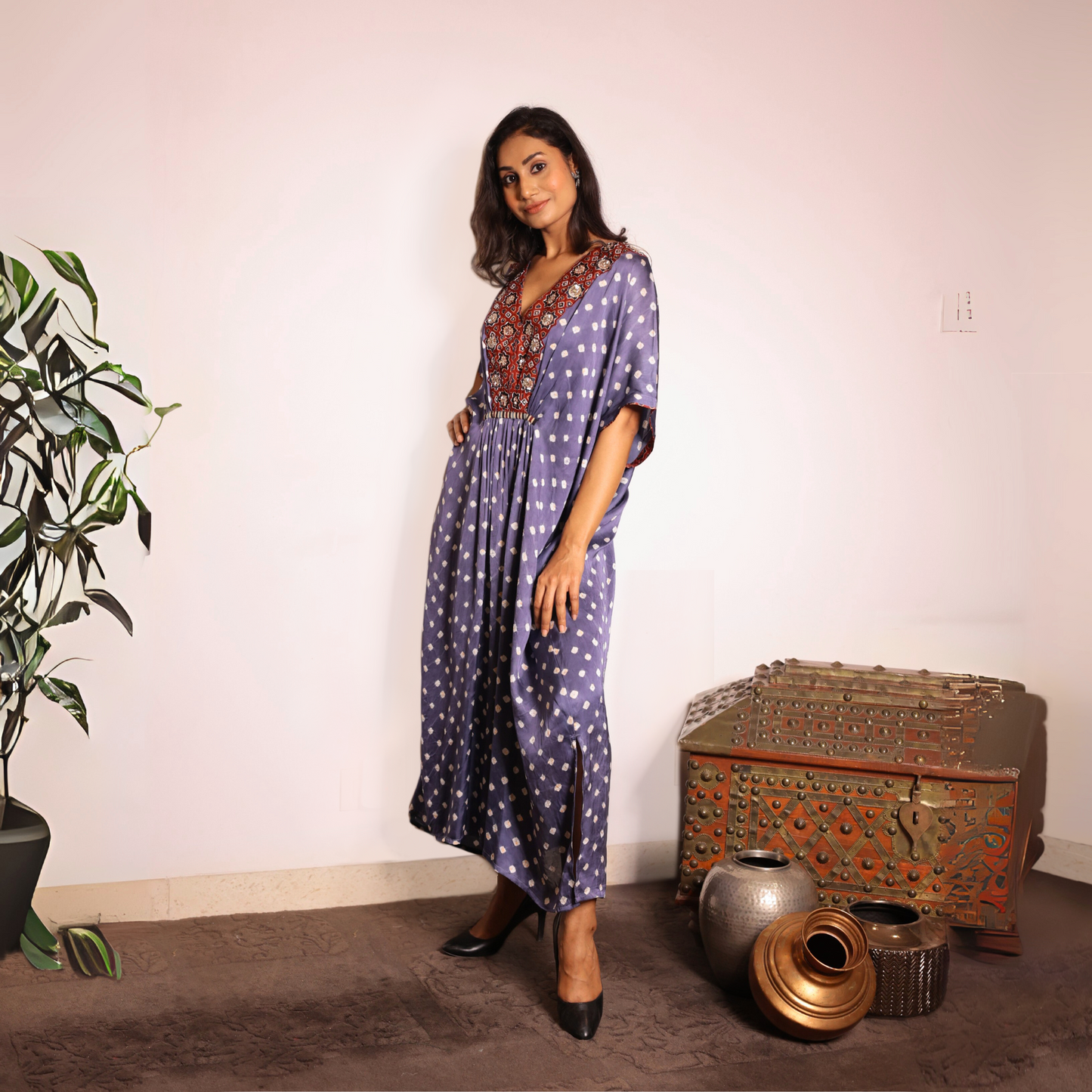 Grey bandhani Modal Silk Kaftan