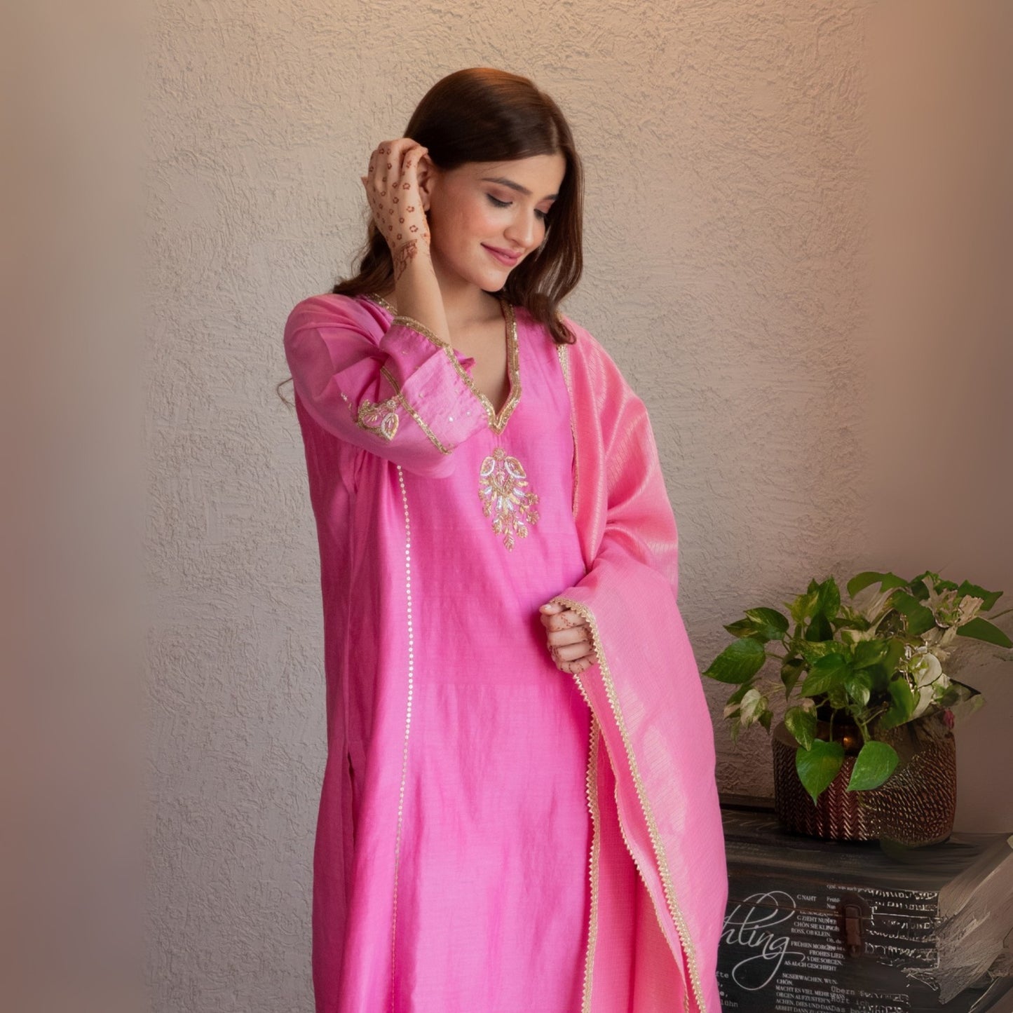 Pink embroidered kurta set with pants and dupatta