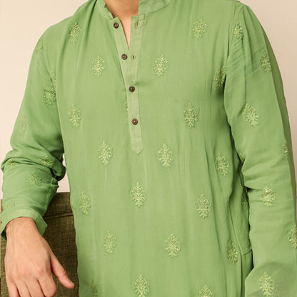 green men's band collar georgette kurta