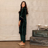 Dark Green Embroidered Crushed Velvet Silk Kurta with Mashru Silk Pants