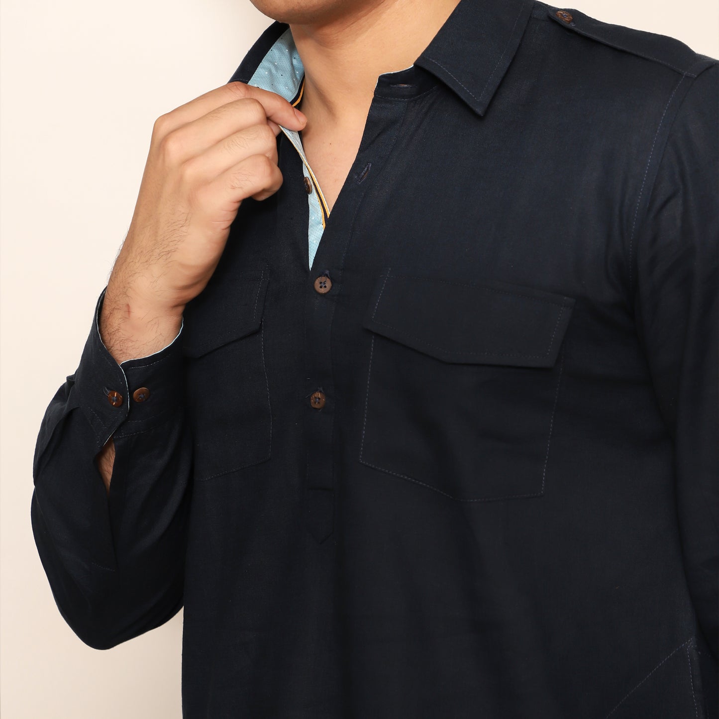 black men's shirt collar cotton blend kurta