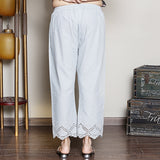 Grey cotton ankle length  pants in lace and cutwork fabric