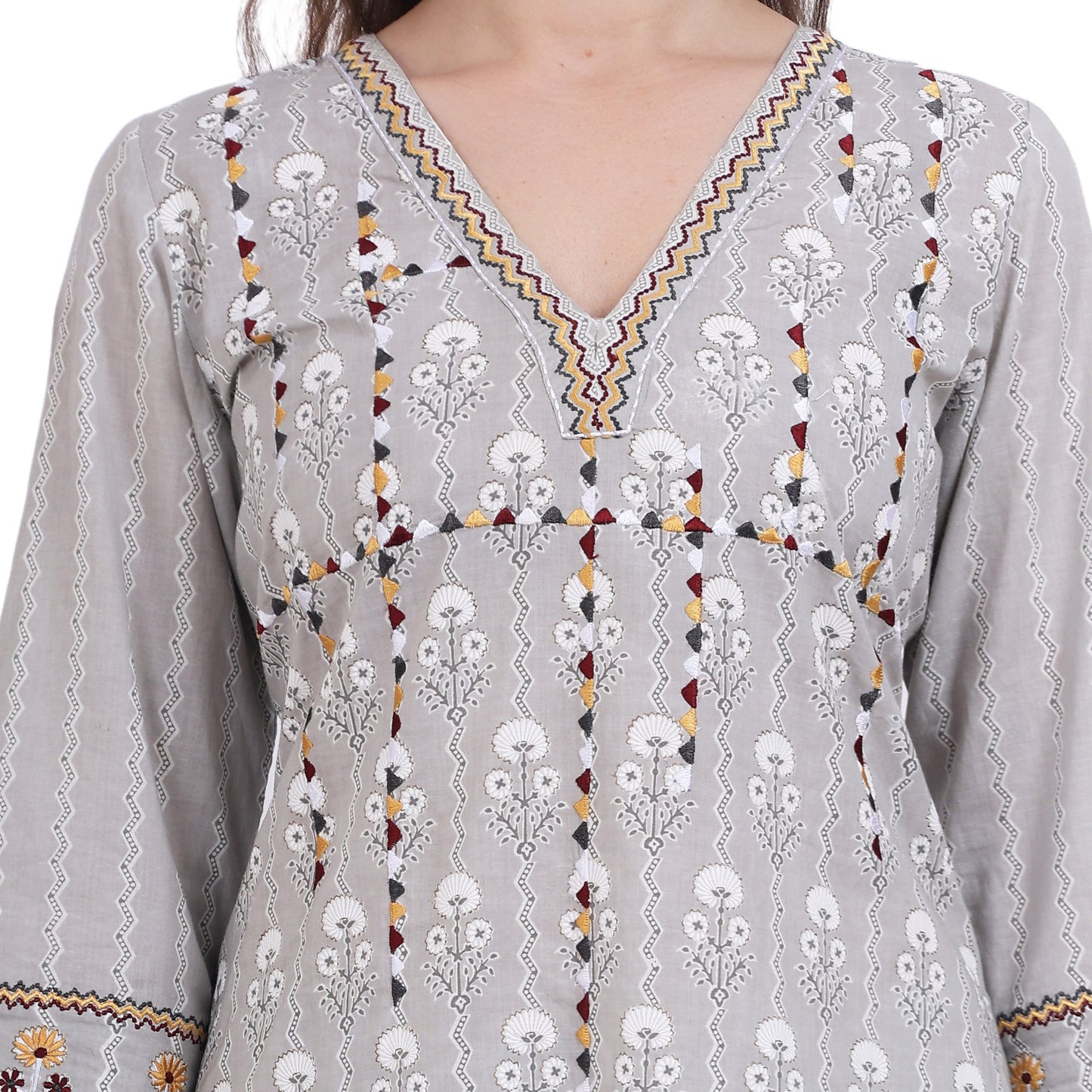 Grey Printed V-neck Kurta Set