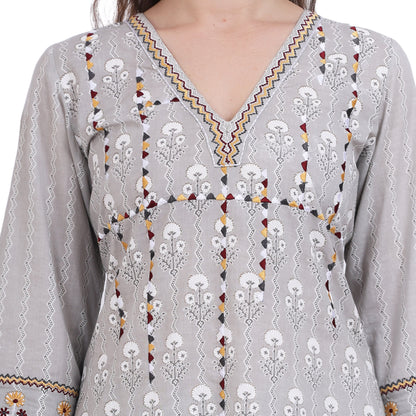 Grey Printed V-neck Kurta Set