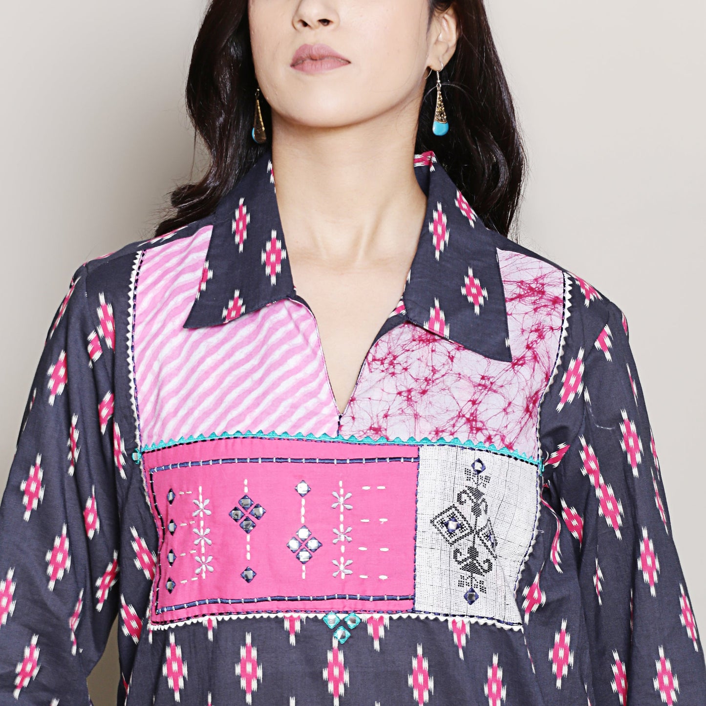 Block Printed navy blue kurta  with yoke detailing