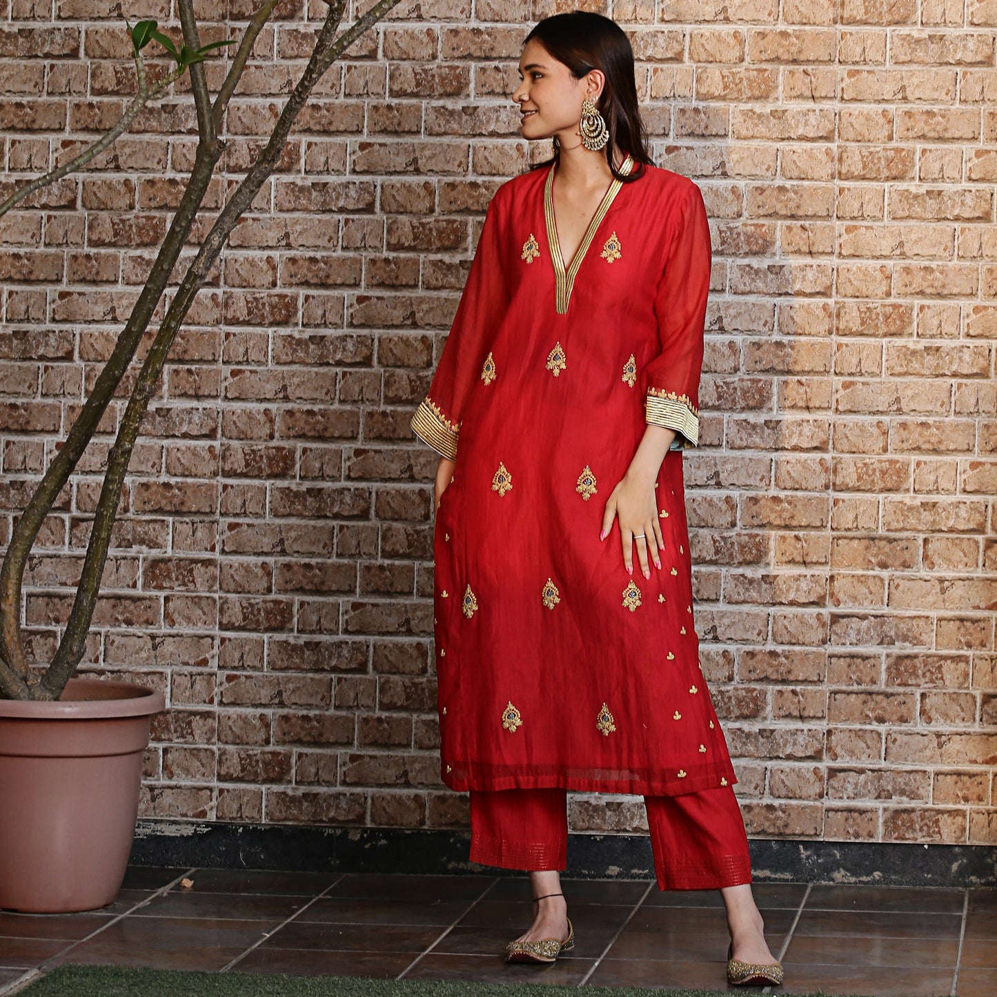 Red chanderi A-line kurta set with dupatta