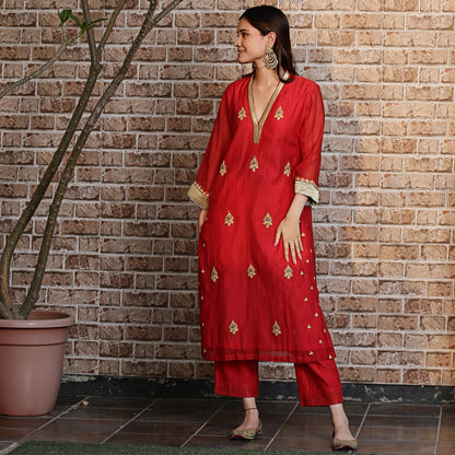 Red chanderi A-line kurta set with dupatta