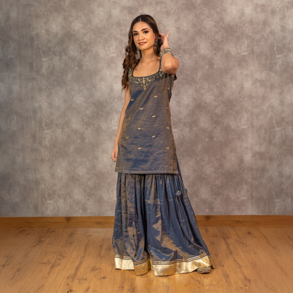 Navy Tissue Chanderi Hand embroidered Sharara Set with Dupatta