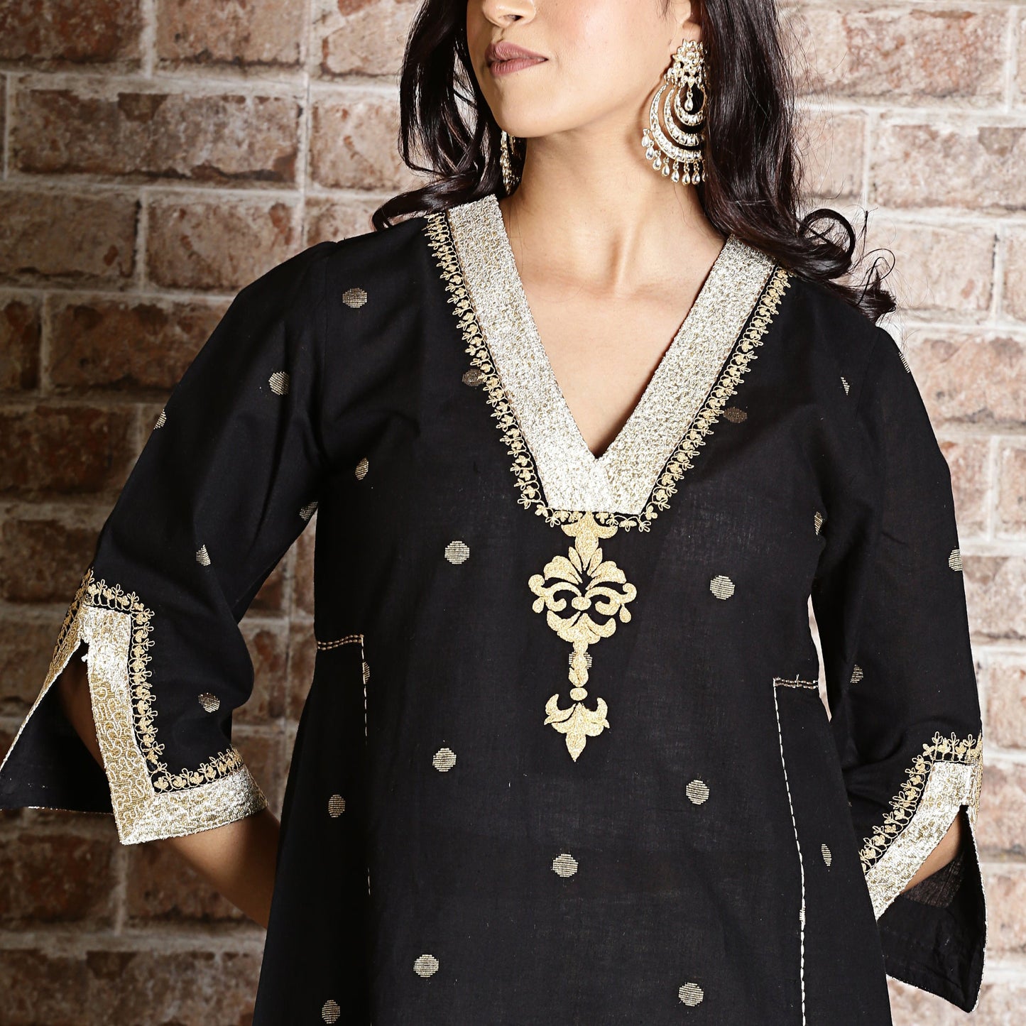 Black cotton jamdani A-line embroidered kurta.