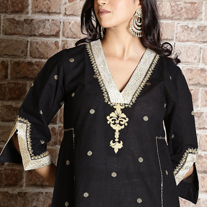 Black cotton jamdani A-line embroidered kurta.