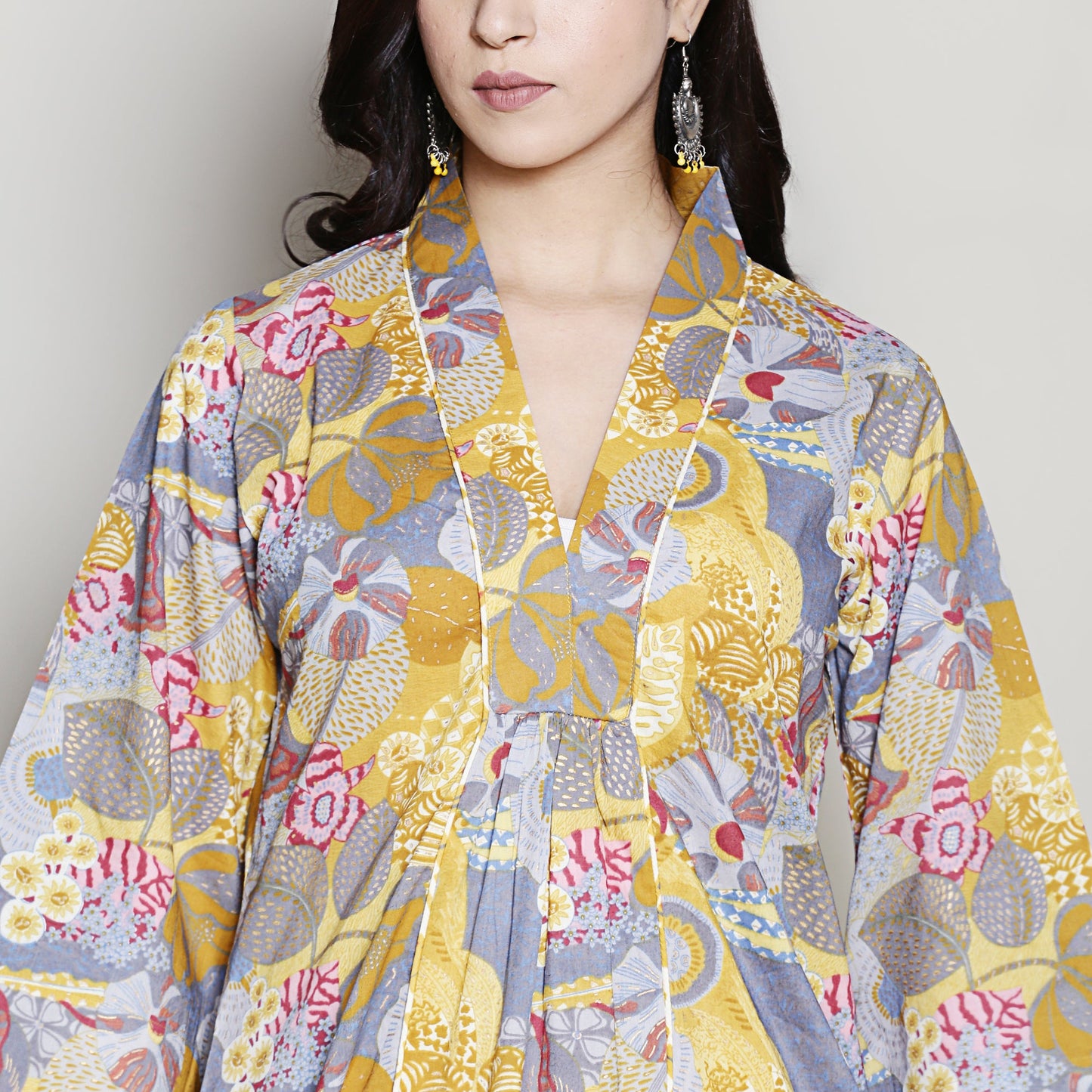 Printed yellow A-line kurta set
